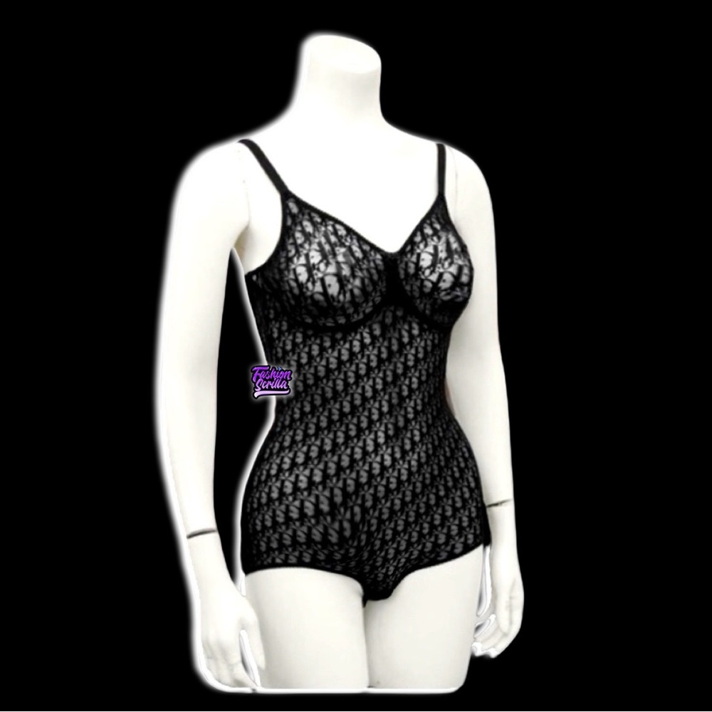 Dior 80’s Vintage Monogram Oblique Jacquard Trotter Black Sheer Logo Bodysuit - Picture 7 of 16